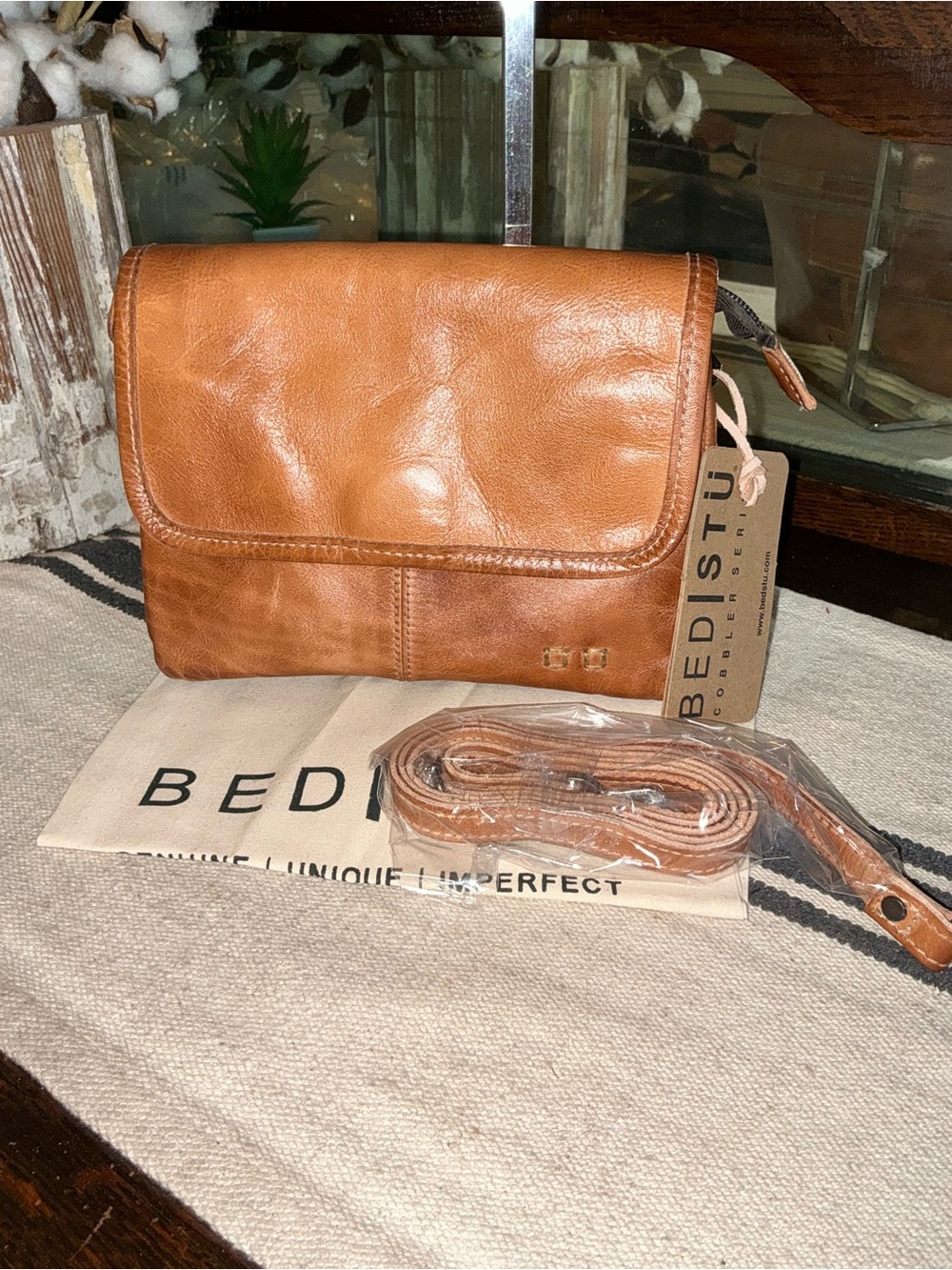 NWT Bed Stu 3 In 1 Leather Ziggy Clutch Crossbody Belt Bag Tan Rustic MSRP $195